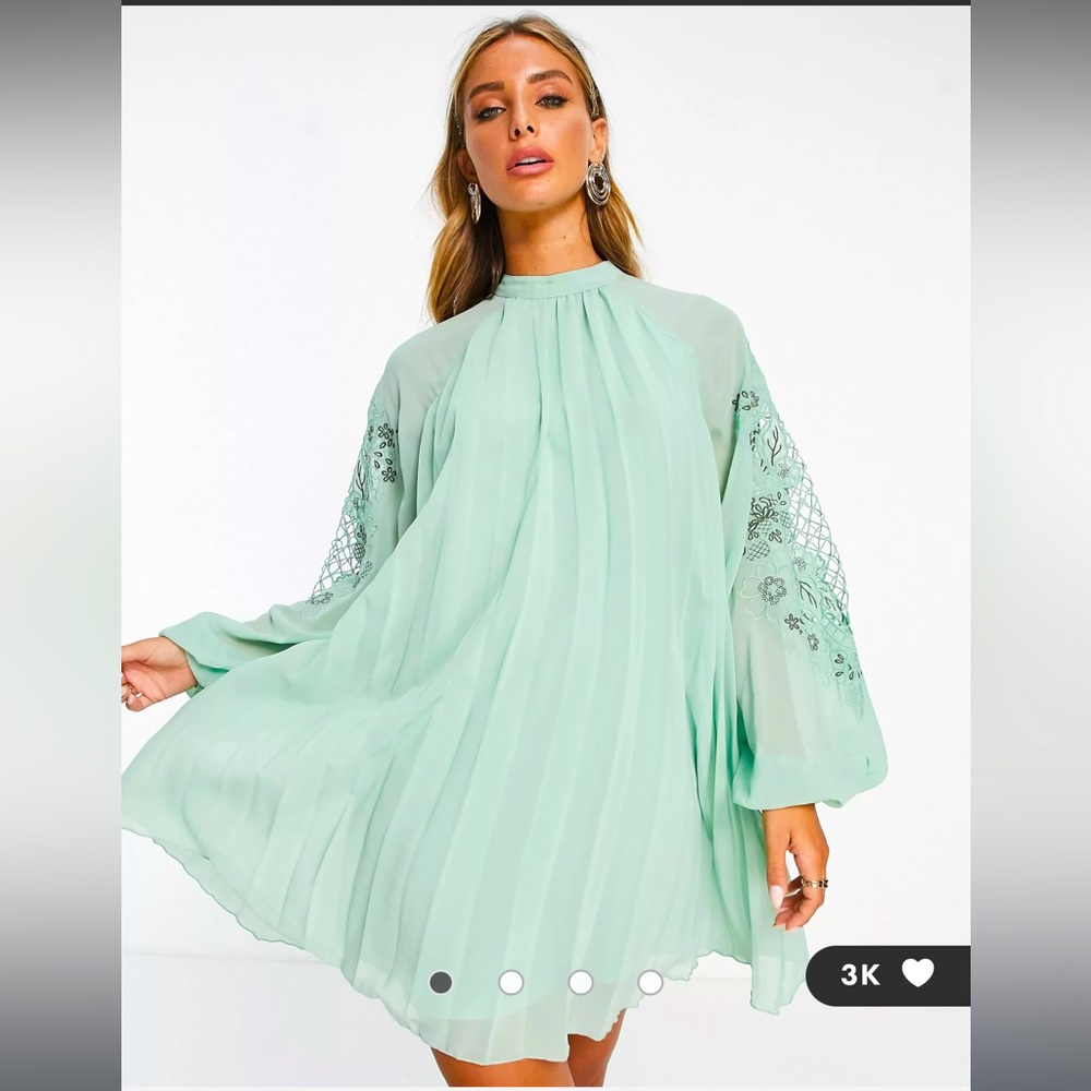 ASOS DESIGN pleated babydoll mini dress w/oversized cutwork sleeve in pale green